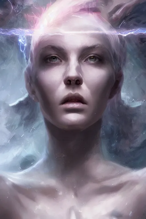 Image similar to torso closeup beautiful girl necromancer, witch, storm clouds, thunder in hands, casting spell, angels, 3 d render, hyper - realistic detailed portrait, holding fire and electricity, ruan jia, wlop. scifi, fantasy, magic the gathering, hyper detailed, octane render, concept art, peter mohrbacher