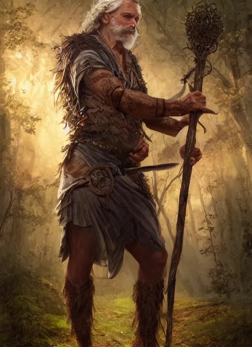 Prompt: a relaxed male middle aged druid in a sleeveless west, short brown hair, stringy, wielding a long staff, full body, 8 k, hyperrealistic, hyperdetailed, fantasy portrait by laura sava