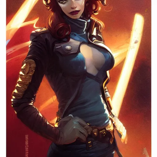 Prompt: Portrait of a stylish female space pirate, dark-hair, golden eyes, androgynous tailored clothes, delicate features, detailed face, teasing smile, graphic novel, art by stanley artgerm and greg rutkowski and John Cassaday,