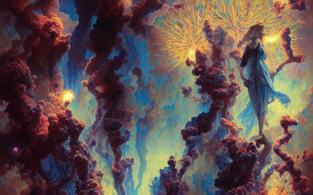 Image similar to psychedelic transcendent puffs of smoke explosion, fireworks, pillars of creation, enlightenment, high contrast lighting, highly detailed, concept art, art by collier, albert aublet, krenz cushart, artem demura, alphonse mucha