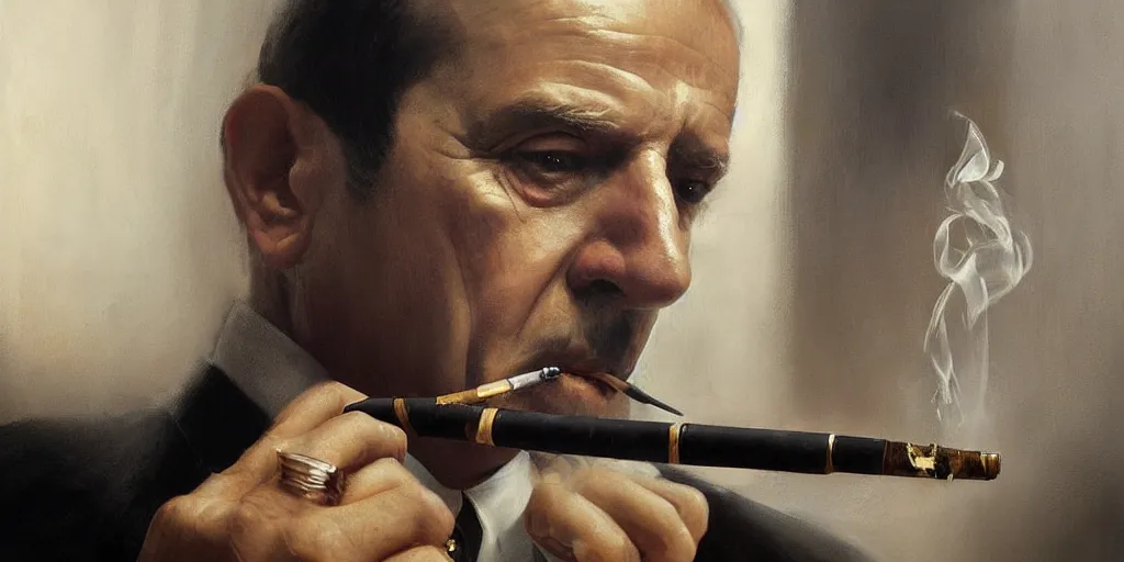 Image similar to beautiful oil matte portrait painting, mafia boss smoking at his 5 0 s new york office desk, wonderful masterpiece highly detailed, beautiful cinematic light deep focus, elegant, digital painting, smooth, sharp focus, golden ratio, dramatic illumination, ultra realistic, 8 k, art by jimmy law