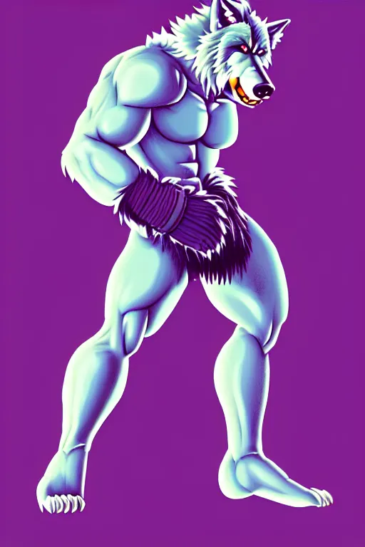 Image similar to full body shot antropomorphic muscular masculine furr wolf. kickboxer, in shorts. wolf head. furr on body. 8 bit nes graphics. vaporwave futuristic 8 0's