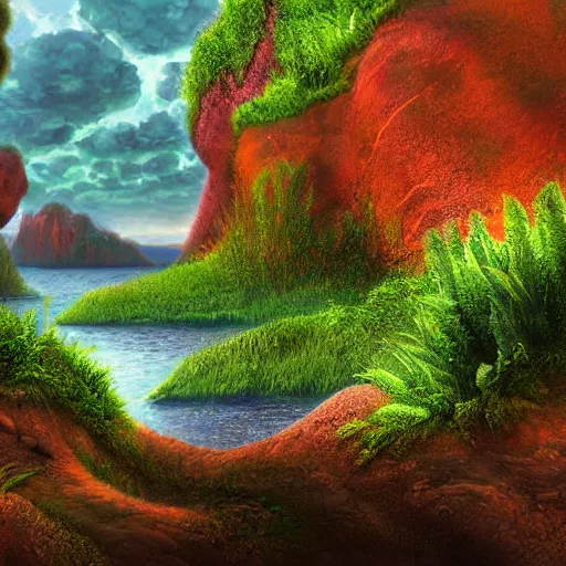 Prompt: digital painting of a lush natural scene on an alien planet by harlew flume. digital render. detailed. beautiful landscape. colourful weird vegetation. cliffs and water.