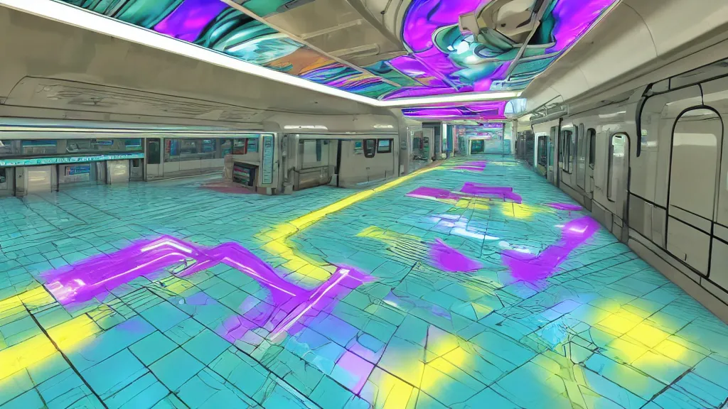 Image similar to vaporwave inferable train floor in a bright lobby, iso 2 0 0