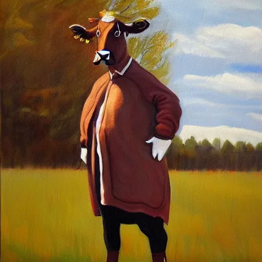 Prompt: painting by larsson, cow, dressed, anthropomorphic!!, wearing!!! clothes!!!, standing next to royal castle!!!