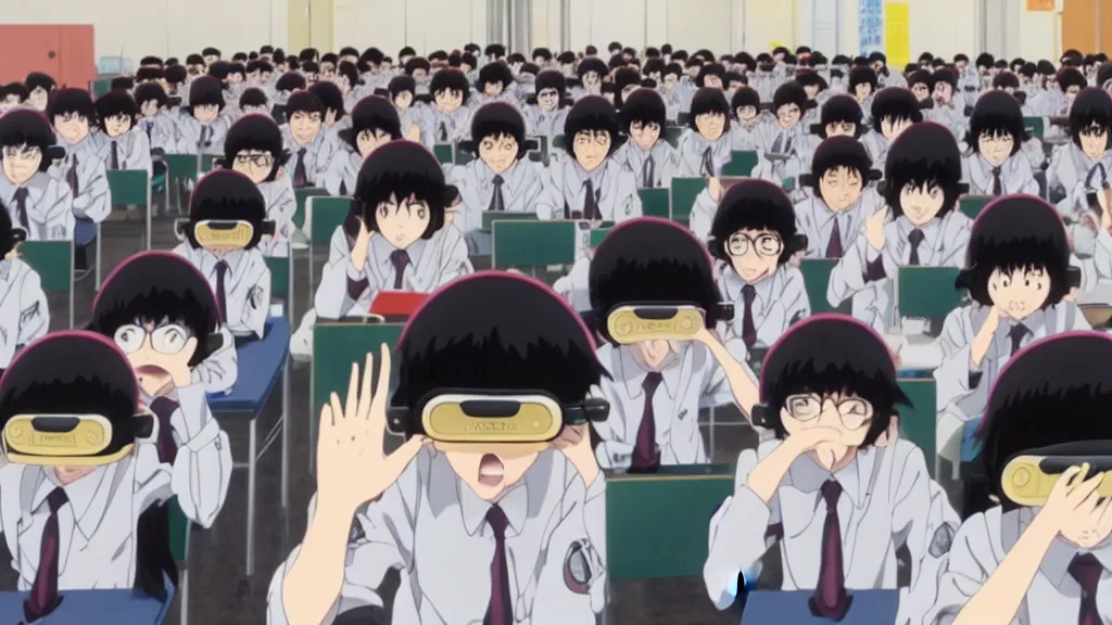 Prompt: children in class all wearing vr headsets, anime film still from the an anime directed by katsuhiro otomo with art direction by salvador dali, wide lens