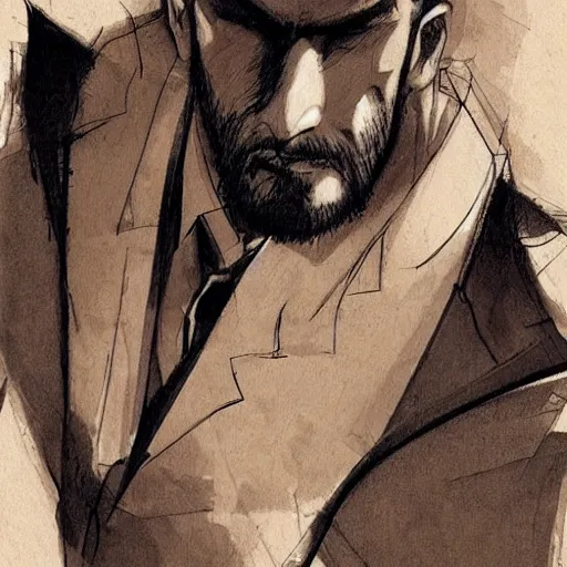 Prompt: very high angle view, very attractive man with beard, highly detailed full body, strong masculine features, slim, command presence, royalty, smooth, sharp focus, organic, appealing, book cover, deep shadows, by Dave McKean sketch lineart for character design