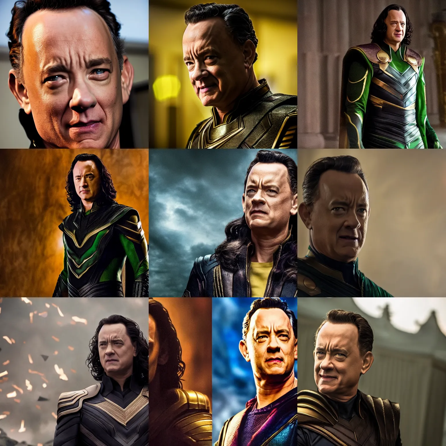 Prompt: tom hanks as loki from avengers, detailed, portrait photograph, 8 k hdr movie still, dynamic lighting