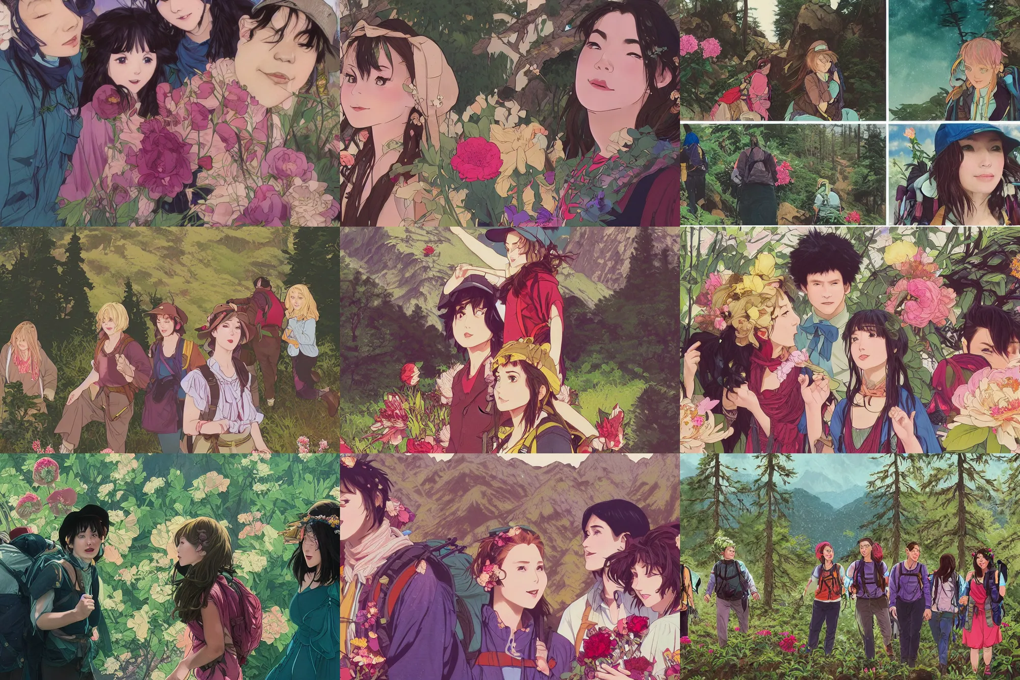 Prompt: a cinematic joyous closeup moment of university friends hiking in the mountains wearing boho clothing and peonies, boy girl traditional romance, full body illustration,bestselling movie poster, official media, pixiv, 1990s fashion, official anime media incredible art by wong kar wai and artgerm and greg rutkowski and alphonse mucha and simon stalenhag and doja cat