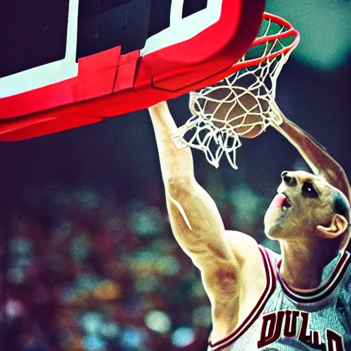 Image similar to film still of a llama in a jersey dunking a basketball like michael jordan, low angle, show from below, tilted frame, 3 5 °, dutch angle, extreme long shot, high detail, indoors, dramatic backlighting.