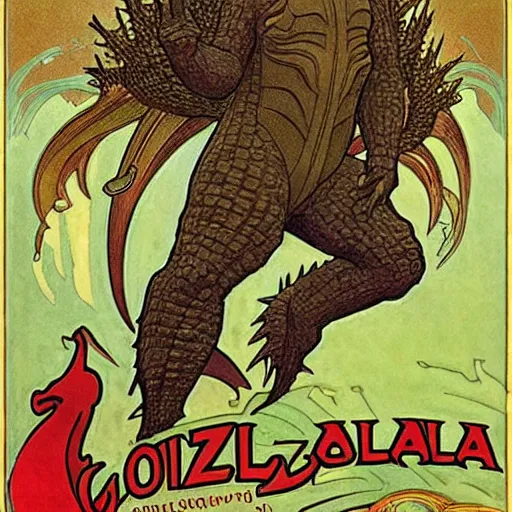 Image similar to Godzilla art nouveau, Alphonse Mucha