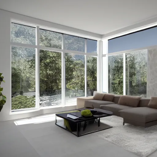 Image similar to photorealistic living room open space big windows