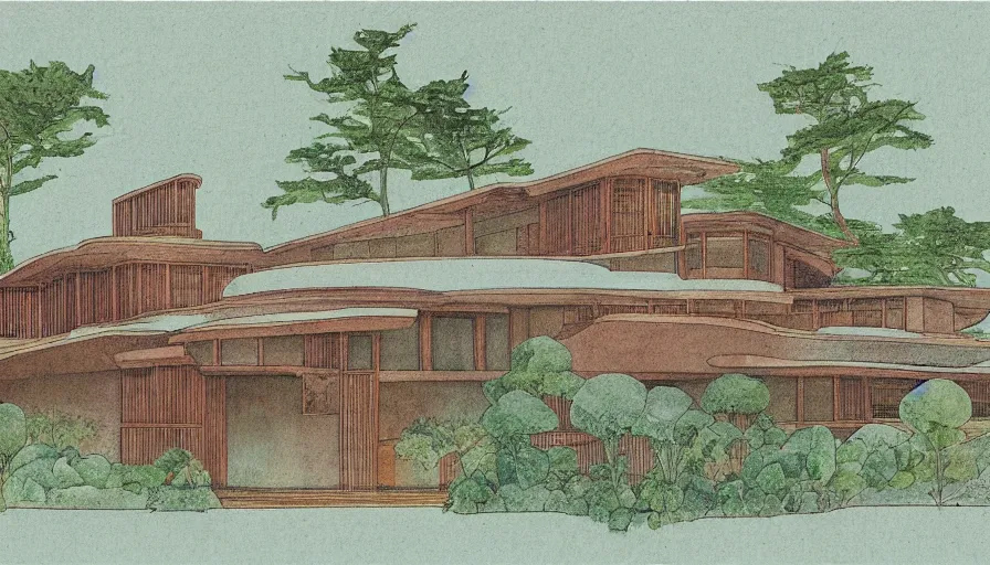 Prompt: frank lloyd wright house as a botanical illustration