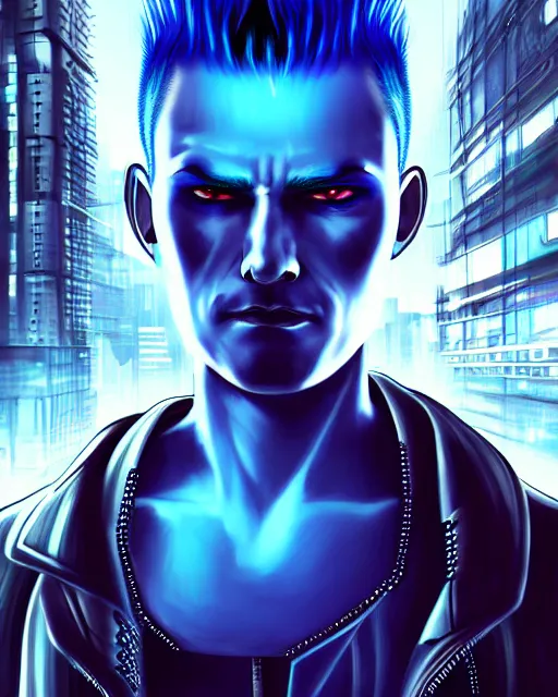 Image similar to cyberpunk man with mohawk portrait, detailed face and eyes, cyberpunk city background, cosmic, anne stokes