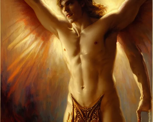 Image similar to attractive pagan male deity, summons handsome lucifer morning star. highly detailed painting by gaston bussiere, craig mullins, j. c. leyendecker 8 k