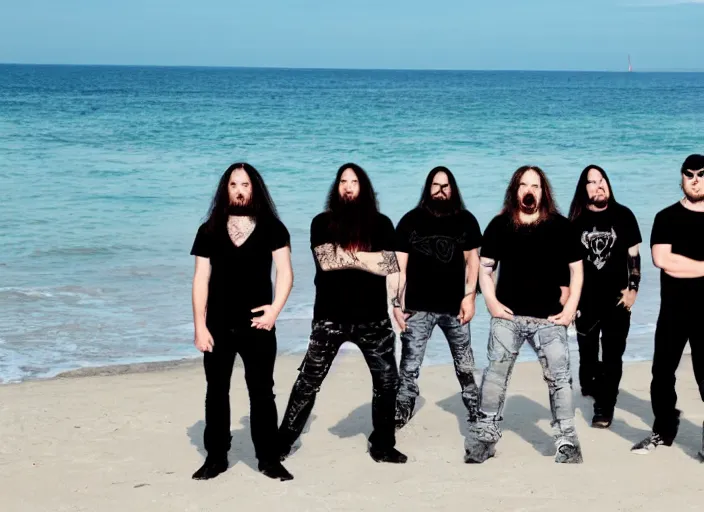 Prompt: photo of members of a death metal band enjoying a day at the beach