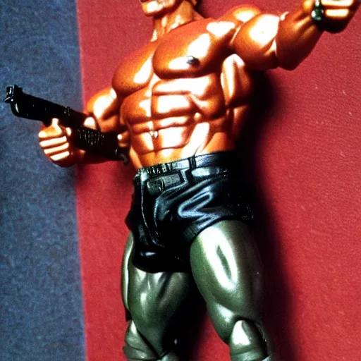 Image similar to a 12 inch action figure of Arnold Schwarzenegger from Commando. Big muscles. Holding an automatic rifle in his hands. Plastic shiny. Full body feet and head