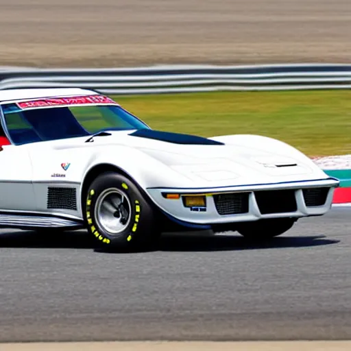 Image similar to a 1 9 7 6 chevrolet corvette greenwood imsa gt driving on a racetrack