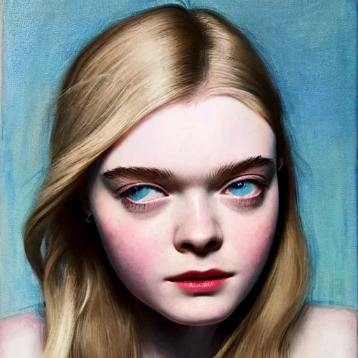 Prompt: A masterpiece head and shoulders portrait of Elle Fanning by James Hoff