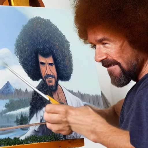 Prompt: a closeup photorealistic photograph of bob ross working on a canvas painting featuring iron man with happy trees. film still. this 4 k hd image is trending on artstation, featured on behance, well - rendered, extra crisp, features intricate detail, epic composition and the style of unreal engine.