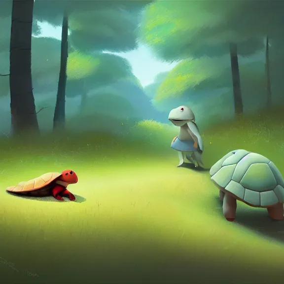 Image similar to Goro Fujita ilustration a cute turtle happily walking through the forest, painting by Goro Fujita, sharp focus, highly detailed, ArtStation