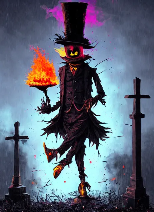 Prompt: a spooky scarecrow holding a match, wearing a top hat in front of an old cemetery on fire by josan gonzalez splash art graphic design color splash high contrasting art, fantasy, highly detailed, art by greg rutkowski