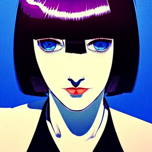 Prompt: woman with dark bobcut haircut with friendly blue eyes and slim features looking surprised, underground box office hit, satire and seventies italian horror movie, giallo, intricate, ultra detailed 8 k, best, cool, extremely beautiful and aesthetic shape of face and neck, art by hiroaki samura and ilya kuvshinov and rossdraws and andy warhol, inverted, epic