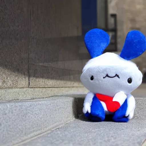 Image similar to blue'snappy gifts'plush doll, on sidewalk, gifts, happy atmosphere, high detail, soft lighting, 8 k