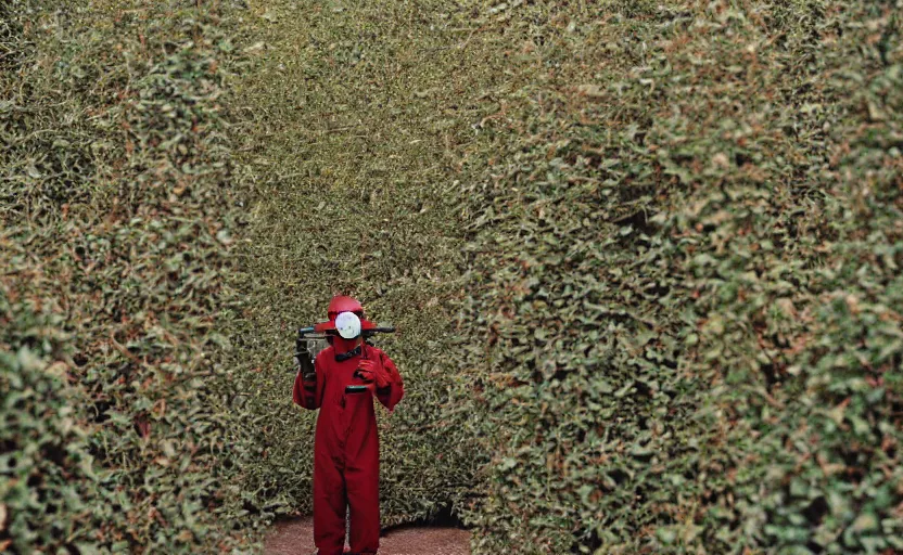 Image similar to cinestill 5 0 d photographic portrait by helen levitt of dark red hazmat scientists with guns walking through a brutalist hedge maze, extreme closeup, cinematic, modern cyberpunk, dust storm, 8 k, hd, high resolution, 3 5 mm, f / 3 2, tenet