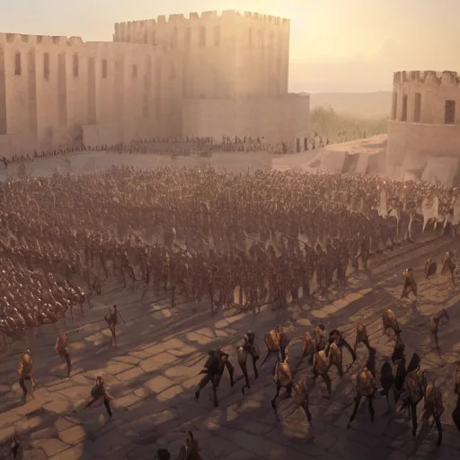 Image similar to Matte painting of large crowd of men in Biblical outfits marching in front of the walls of Jericho. People are standing on the walls looking down at them. sunrise, epic, cinematic lighting, detailed digital art trending in artstation