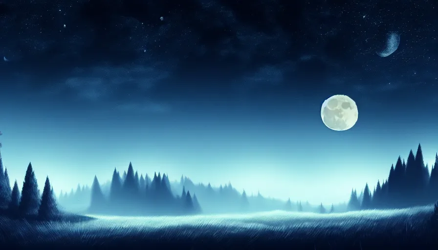 Image similar to a beautiful landscape at night, big moon on the right, stars in the sky, matte painting, dark blue tones, high contrast, intricate details, concept art, 4 k