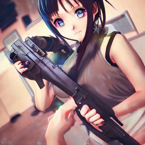 Image similar to Anime girl in GTA V, cover art by Stephen Bliss, artstation, sharp focus