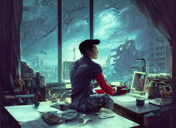 Image similar to an insanely detailed painting of an asian man wearing a homemade superhero costume, sitting at a desk, staring seriously at the computer and typing, in the style of peter mohrbacher, james jean, artgerm, dramatic lighting and composition, surreal background, octane render, pixar, trending on artstation, concept art, comic book, view from behind, 8 k