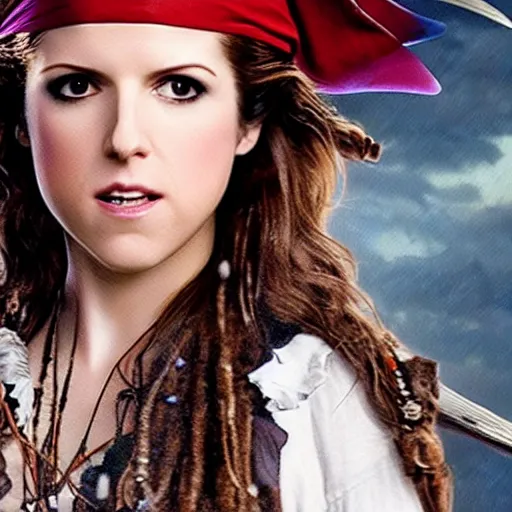 Prompt: still of Anna Kendrick as Captain Sparrow in Pirates of the Caribbean remake 2029