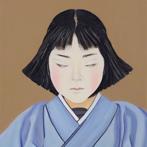 Image similar to a painting of Japanese schoolgirl, clothed, aesthetic