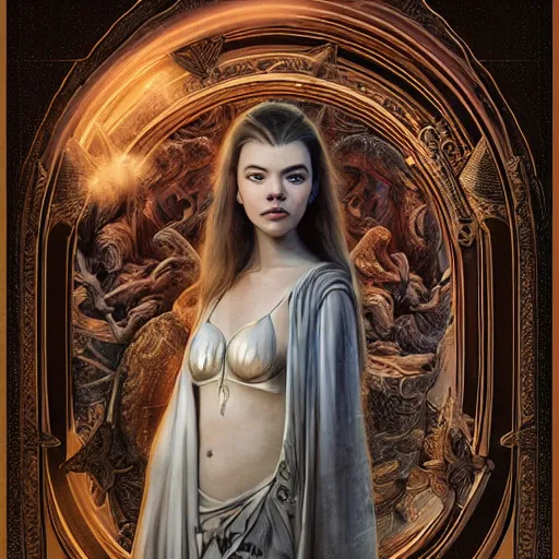 Image similar to a portrait of a older anya taylor - joy as the goddess minerva surrounded by stacks of books, bioluminescent gown with deep level of detail of esoteric symbols, urban motifs, intricate, elegant, highly detailed, digital painting, trending on artstation, concept art, smooth sharp focus, illustration, art by artgerm and greg rutkowski