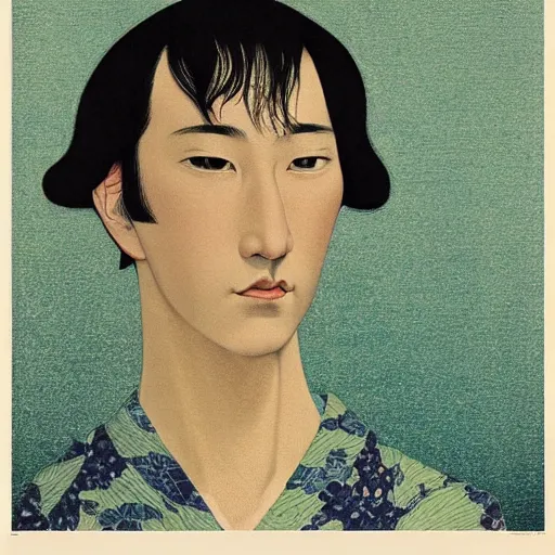 Prompt: “ matthew smith portrait by ikenaga yasunari and ayana otake and ko rakusui, 6 0 s poster, drawing, realistic, sharp focus, japanese, dreamy, nostalgia, faded, golden hues, floral clothes, porcelain skin ”