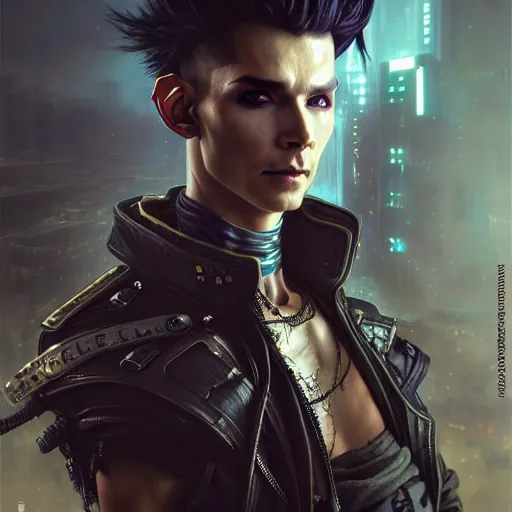 Image similar to portrait painting of a cyberpunk elf mercenary bill kaulitz, ultra realistic, concept art, intricate details, eerie, highly detailed, photorealistic, octane render, 8 k, unreal engine. art by artgerm and greg rutkowski and charlie bowater and magali villeneuve and alphonse mucha