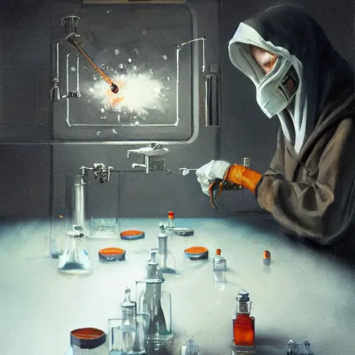 Prompt: alchemist wearing a hood working in laboratory, oil painting, by Greg Rutkowski