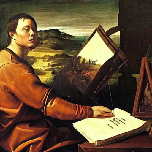 Prompt: Renaissance painting of Elon Musk working on the design of his next invention