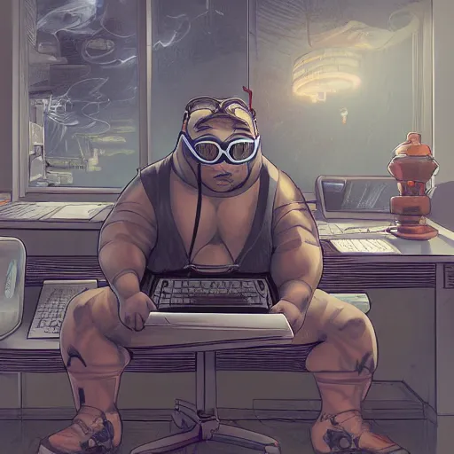 Image similar to an insanely detailed painting of a chubby and nerdy asian man wearing a homemade superhero costume and mask, sitting at a computer desk typing on the keyboard, in the style of peter mohrbacher, dramatic lighting and composition, trending on artstation, concept art, comic book, graphic novel, back view