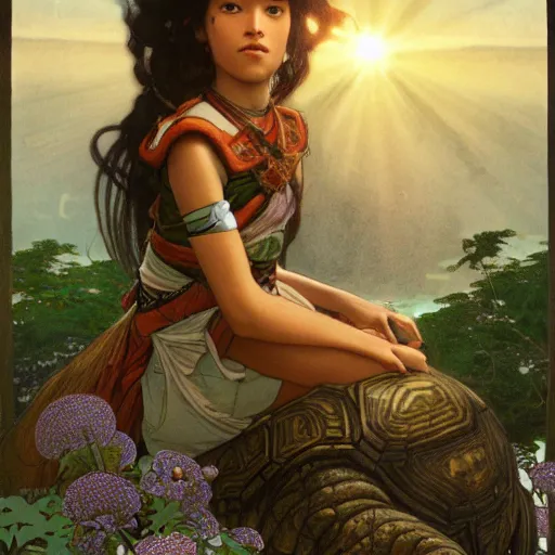 Prompt: a little warrior girl sitting on top of one giant turtle with a wise face looking at her. the girl has dark skin and beautiful green eyes, realistic full body and a very beautiful detailed symmetrical face with long black hair. diffuse light, dramatic sky and landscape, long shot fantasy illustration by mucha