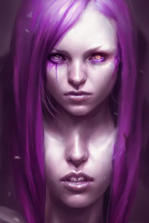 Image similar to character art by bastien lecouffe - deharme, young woman, purple hair, glowing purple eyes