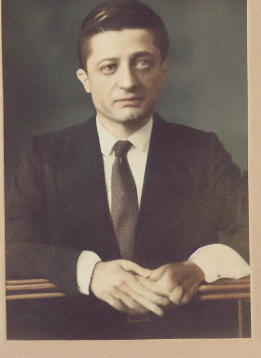 Image similar to portrait of zelensky in suit, old photo with color.
