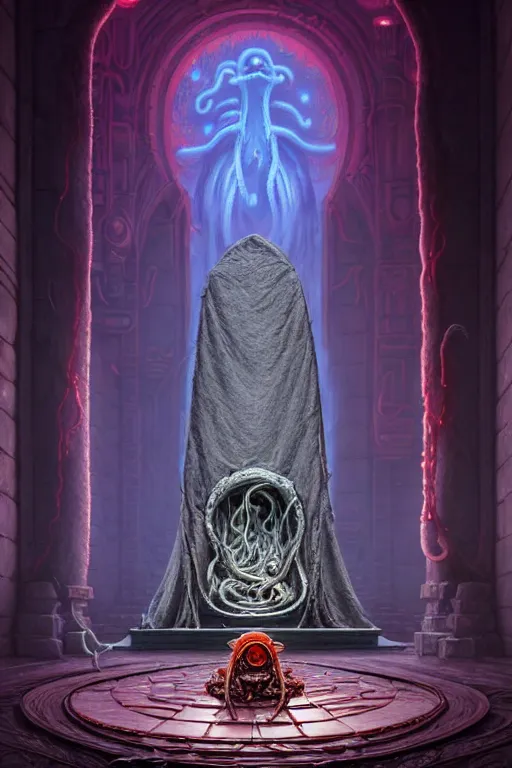 Image similar to a highly detailed matte painting of an illithid presenting an offering inside an expansive throne room with an enormous empty throne made of writhing flesh and entrails by studio ghibli, makoto shinkai, by artgerm, by wlop, by greg rutkowski, red tones, volumetric lighting, octane render, 4 k resolution, trending on artstation, masterpiece