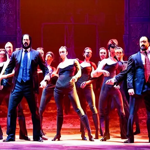 Prompt: Production photo of John Wick the musical on broadway, dancing, singing, fighting, John Wick costumes by Julie Taymor, set design by Julie Taymor