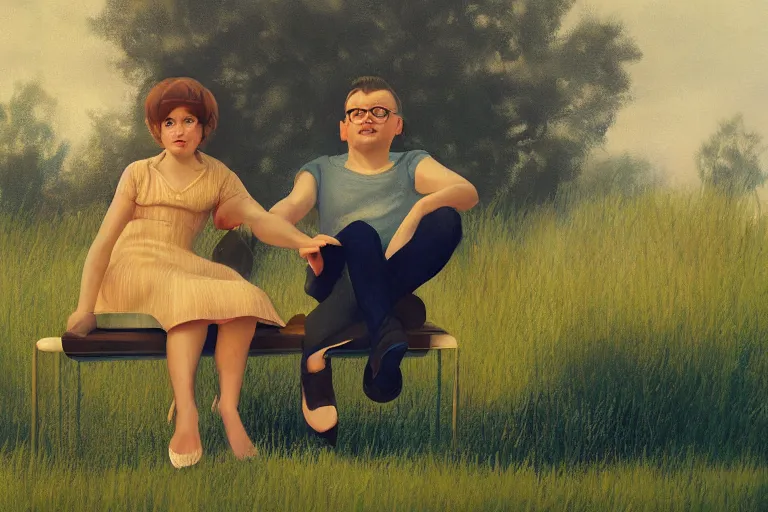 Image similar to beautiful painting of friends sitting on the edge, cute, soft light, digital painting by diane arbus and ralph mcquarrie and harry bertoia octane render