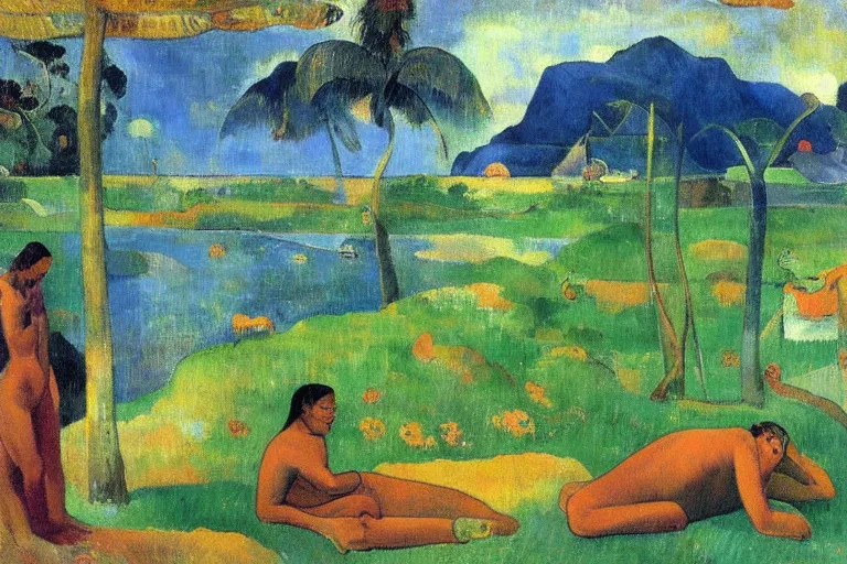 Prompt: there is another world very close to ours that we don't perceive directly, but they do interact sometimes. painting by paul gauguin ( 1 9 0 0 )