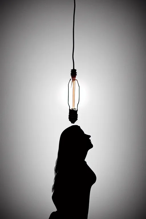 Prompt: an empty light bulb, with a woman trapped inside of it. the woman has wings.