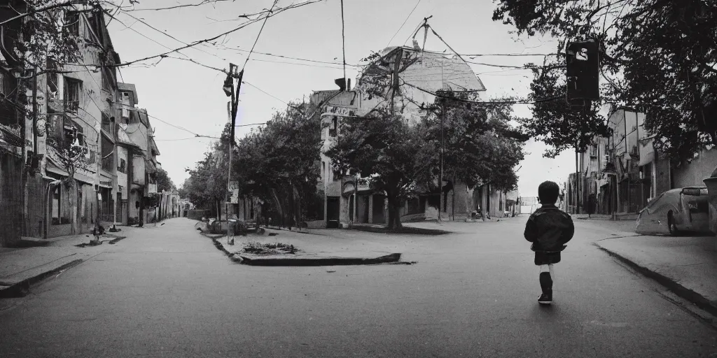 Prompt: photo of a boy walking down a street in space